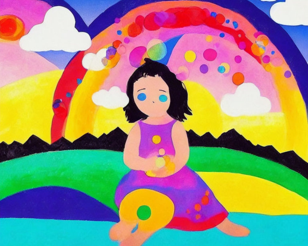 Colorful painting of girl in purple dress surrounded by hills, rainbow, and bubble-filled sky