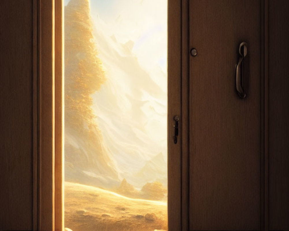 Sunlit vista of towering cliffs and serene valley through an open door