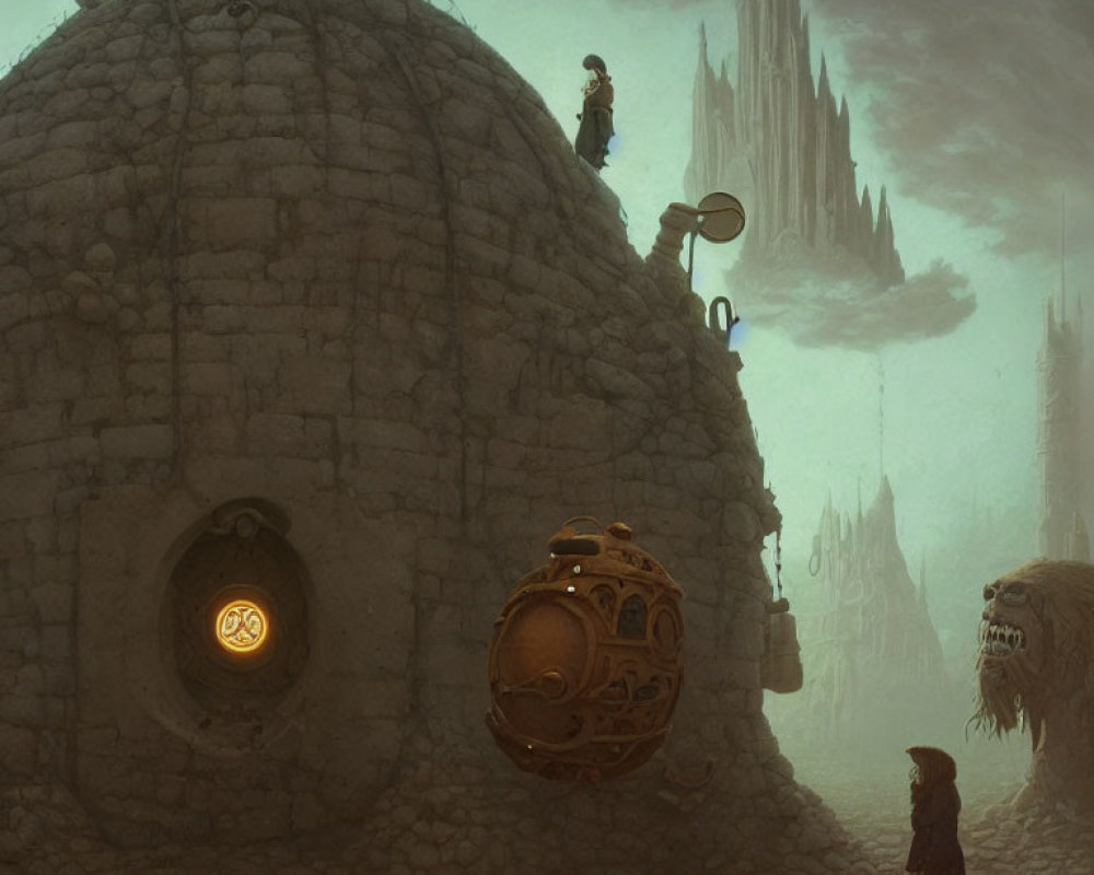 Person on Stone Structure with Spherical Vehicle and Eerie Spires