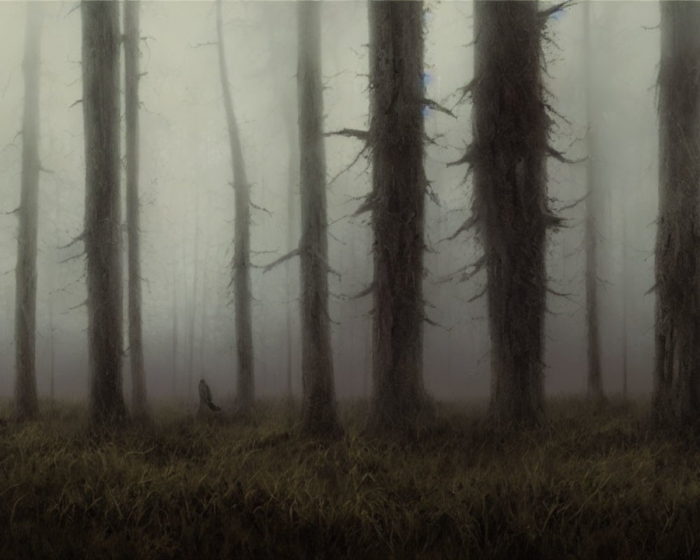 Tranquil foggy forest with tall slender trees