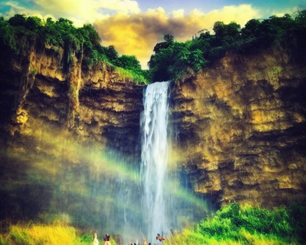 People gazing at tall waterfall in lush setting