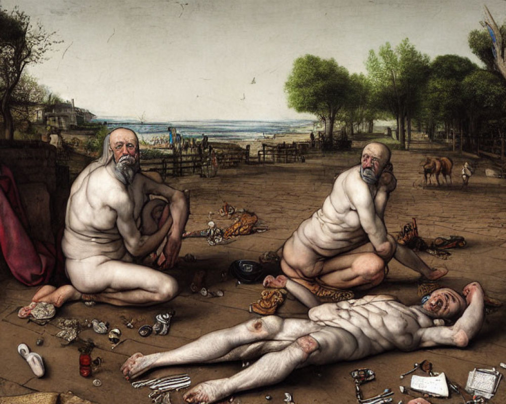 Satirical painting of three nude elderly men with discarded objects and rural scene