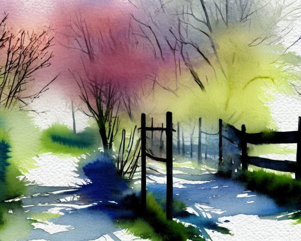 Vibrant watercolor painting of blurred landscape with wooden fence and leafless trees