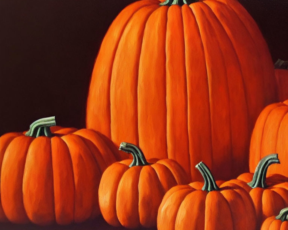 Vibrant orange pumpkins with curved green stems on dark background