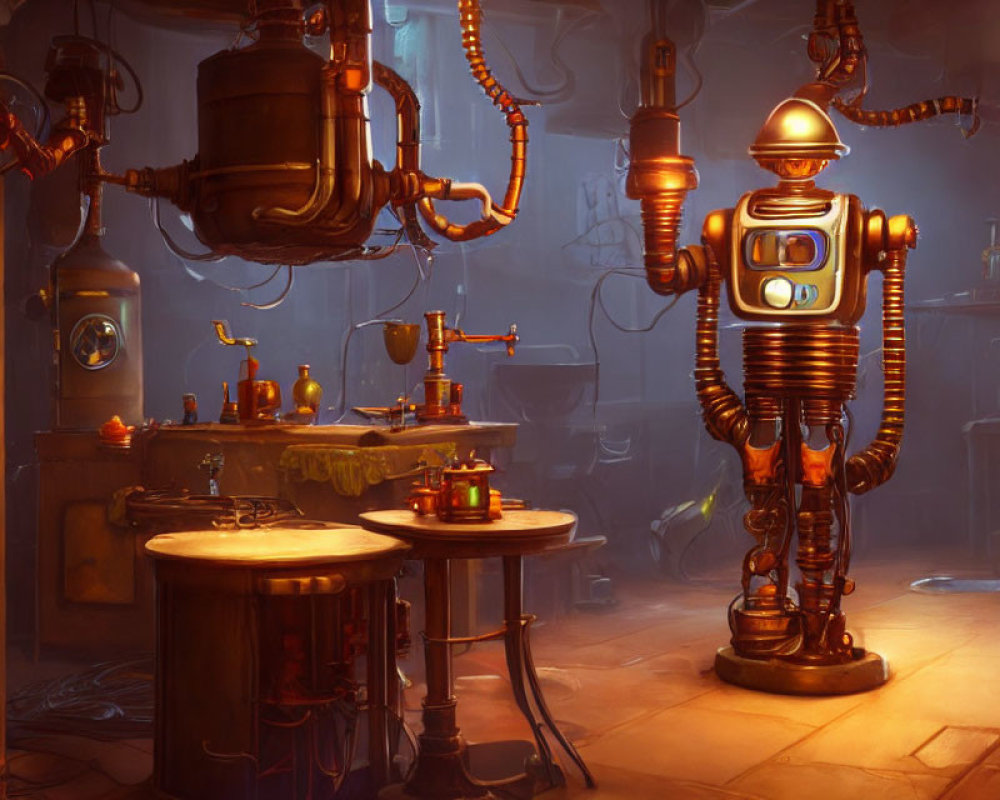 Steampunk-inspired laboratory with humanoid robot and experiments