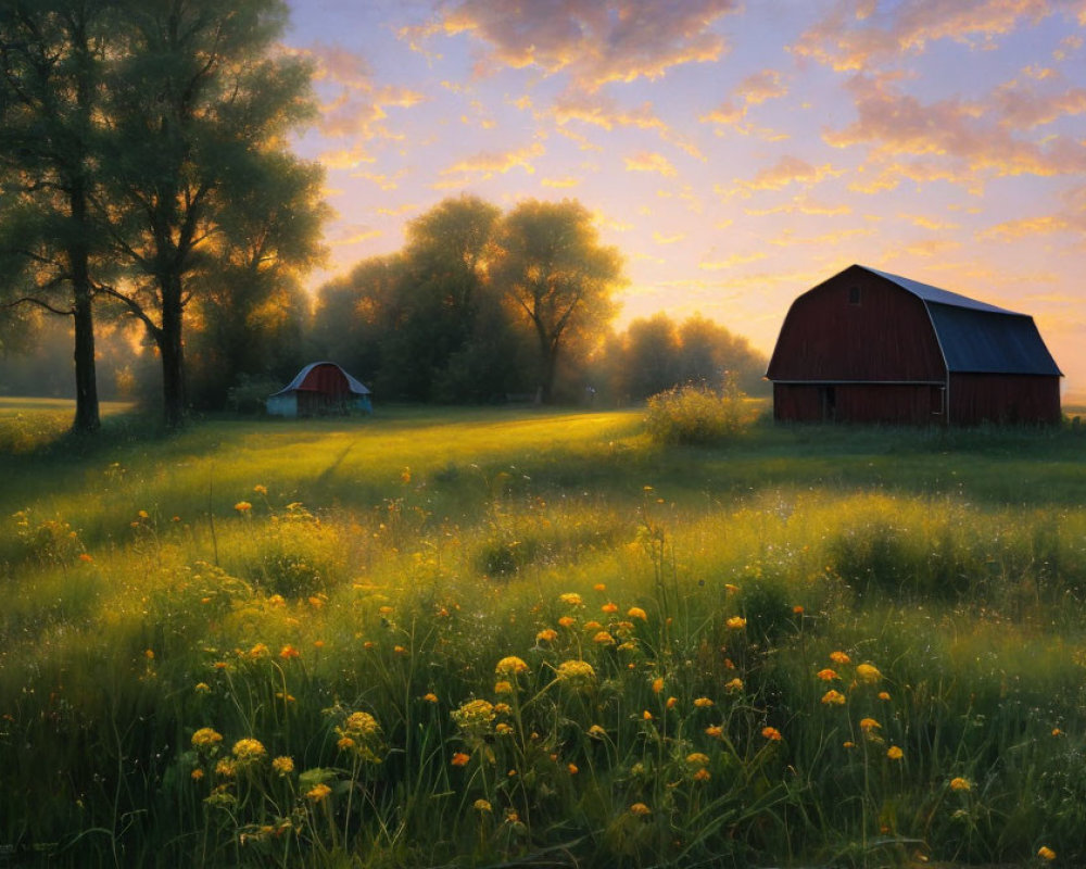 Tranquil red barn and outbuilding in lush landscape at sunrise or sunset