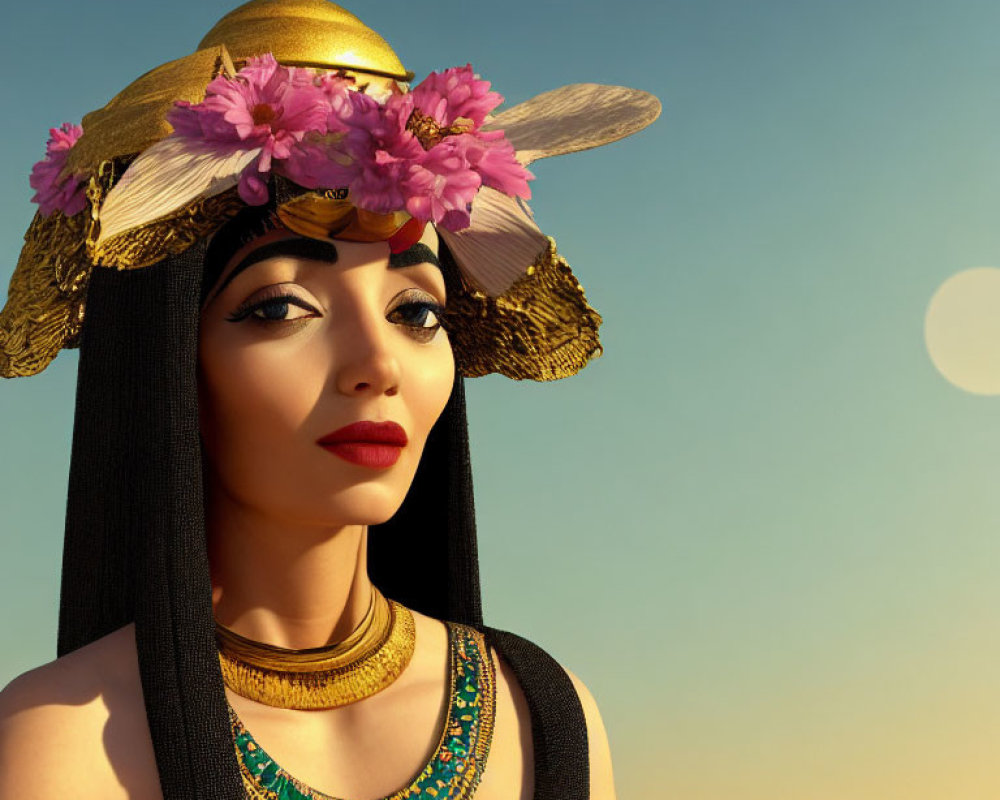 Digital artwork of woman in ancient Egyptian style with headdress, gold necklace, and pyramids.