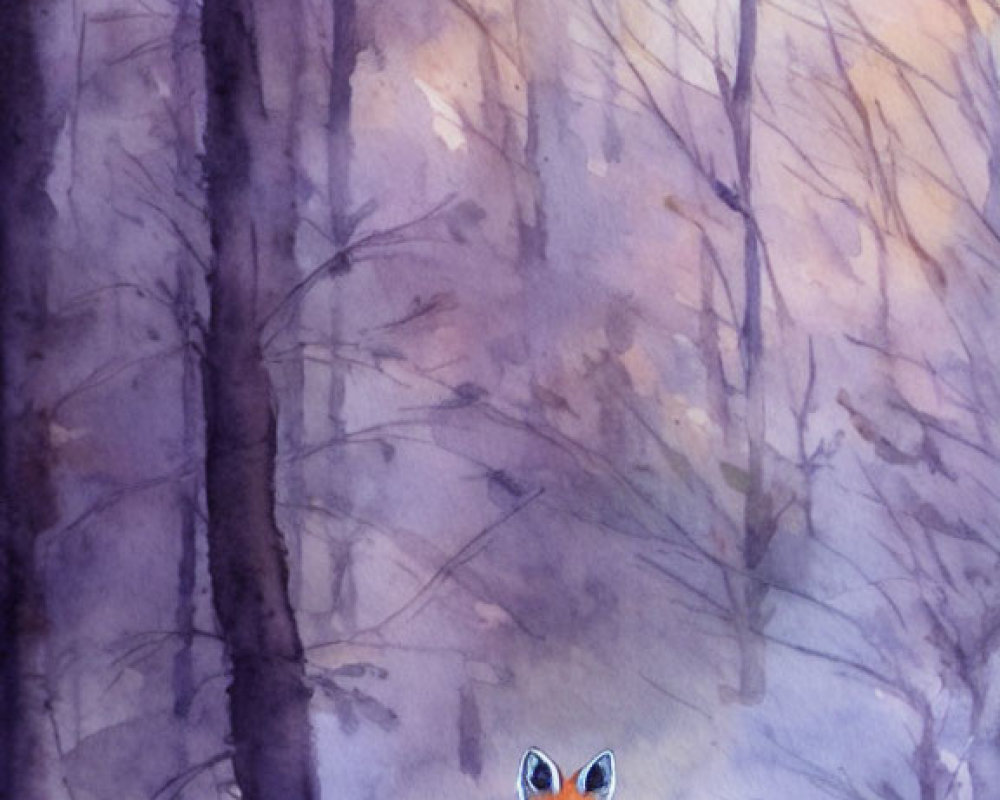 Solitary fox in misty forest with sunbeams - Watercolor painting