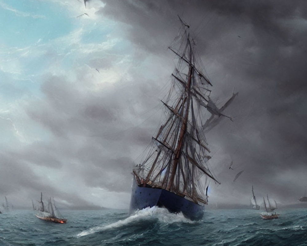 Tall ship braving stormy seas with seagulls and ships in background