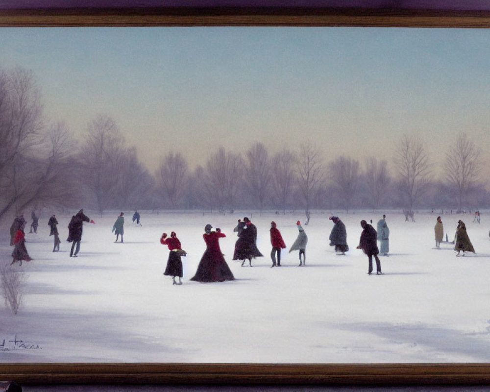 Winter landscape painting: people ice skating on frozen pond