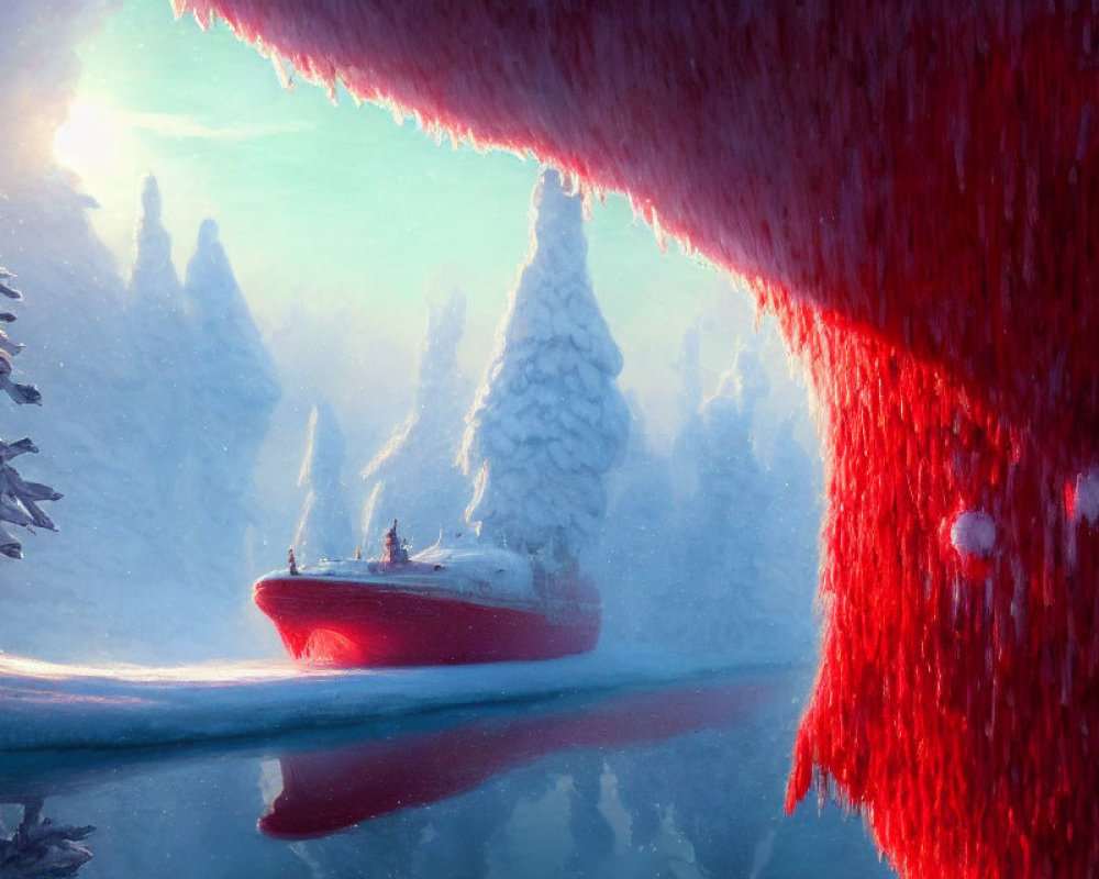 Winter scene: red boat under frozen wave with sunlight and snow-covered trees