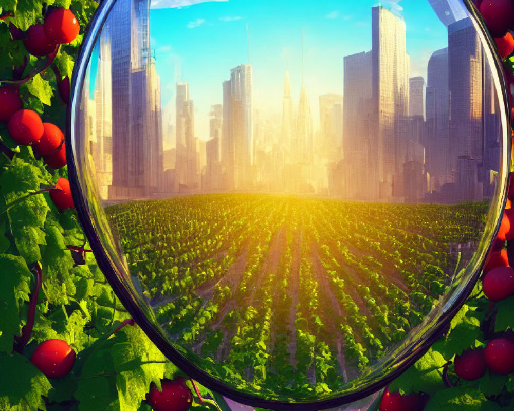 Surreal image of vineyard in bubble with cityscape and blue sky