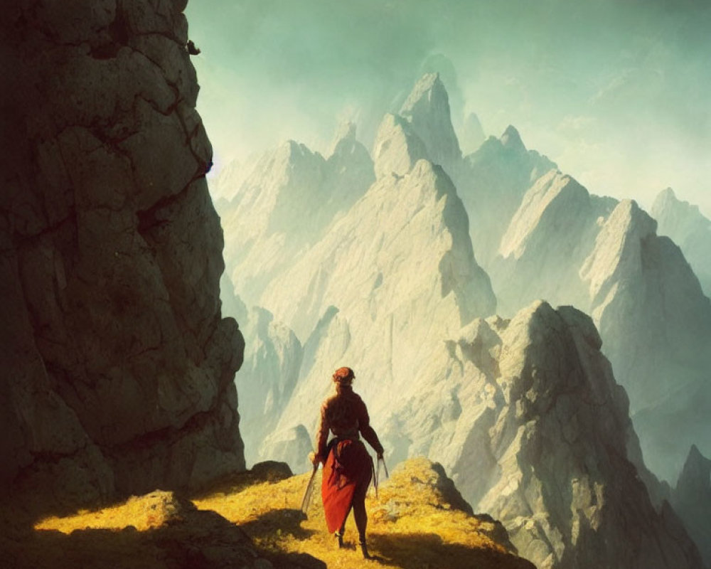 Person in Red Cloaks on Mountain Edge with Dragons and Towering Peaks