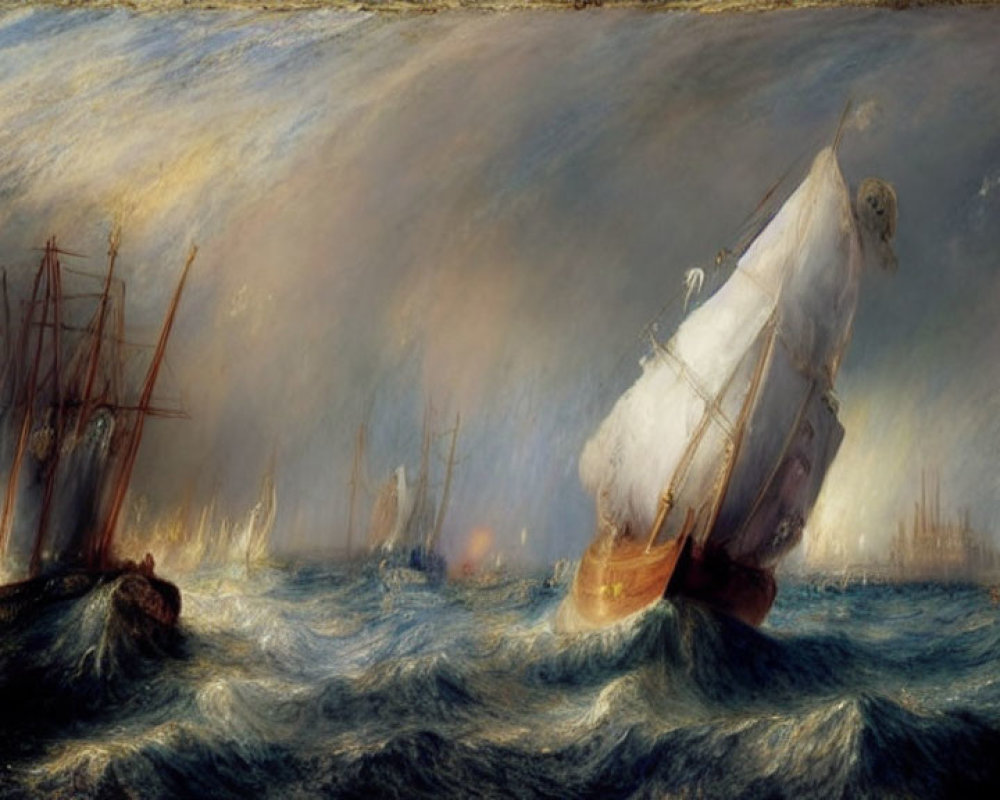 Maritime scene with sailing ships battling storm