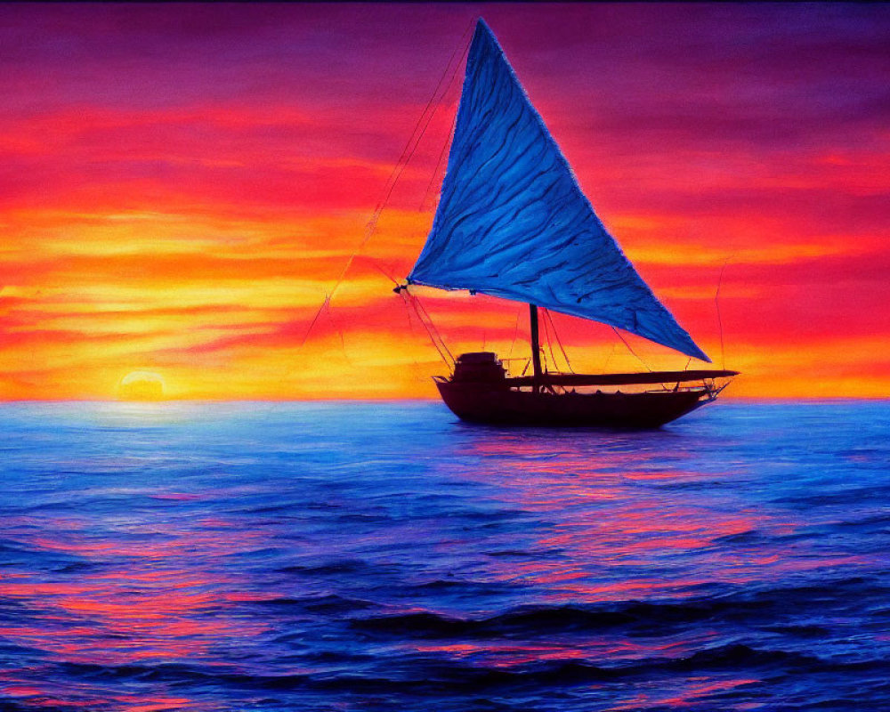 Colorful sailboat on wavy sea under fiery sunset sky