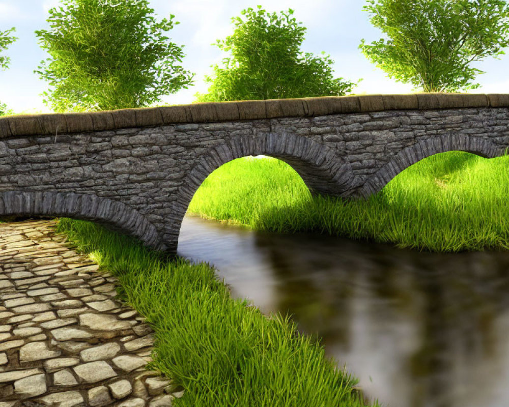 Tranquil stone bridge over stream in lush greenery