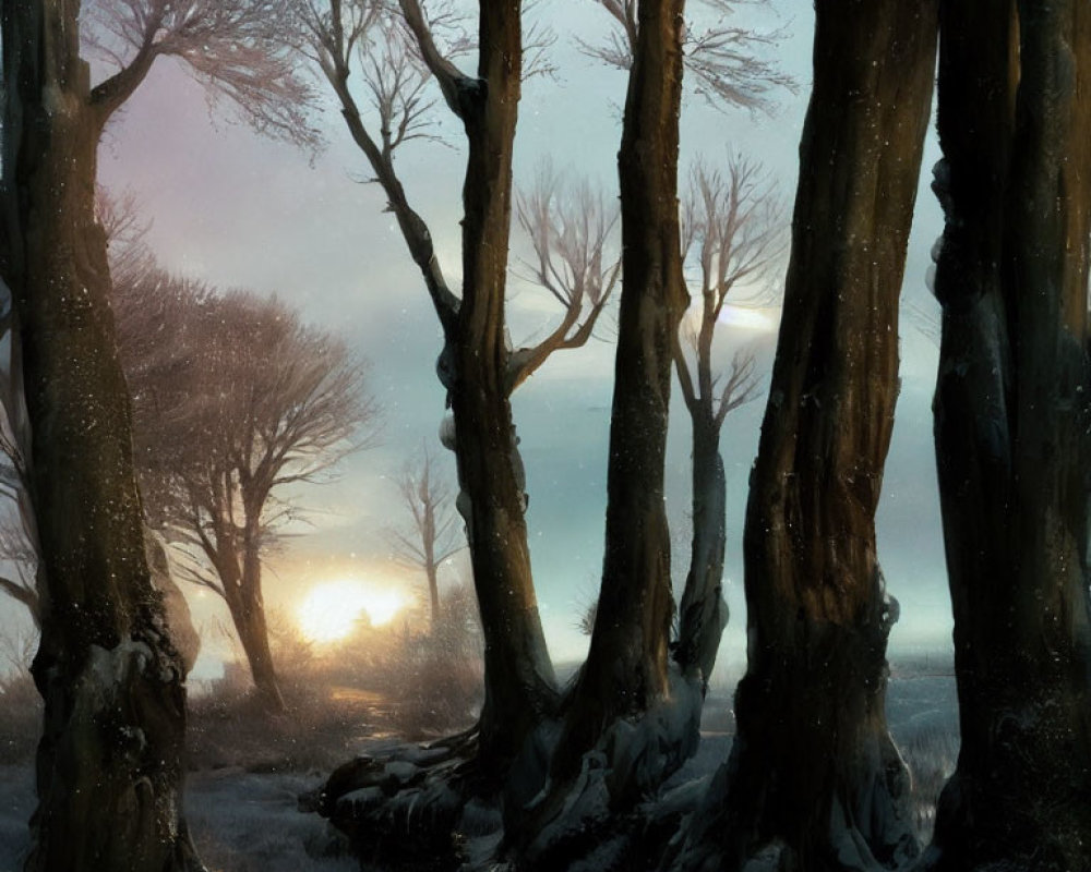 Snowy forest at twilight with bare trees and warm glowing light