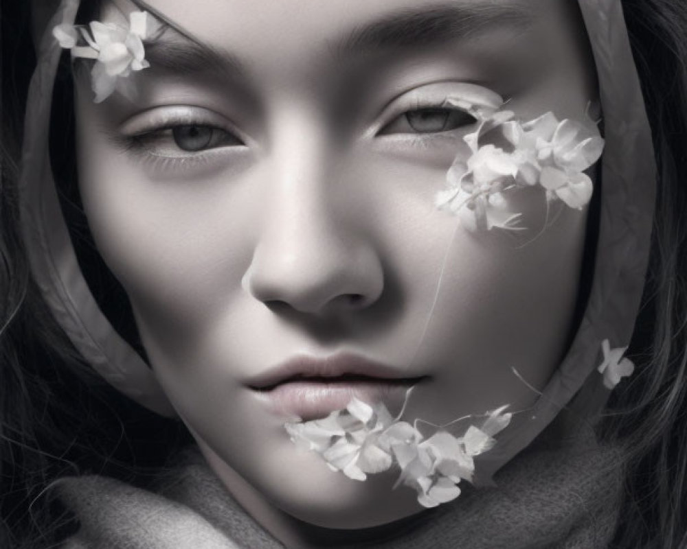 Monochrome portrait of woman with headscarf and floral adornments