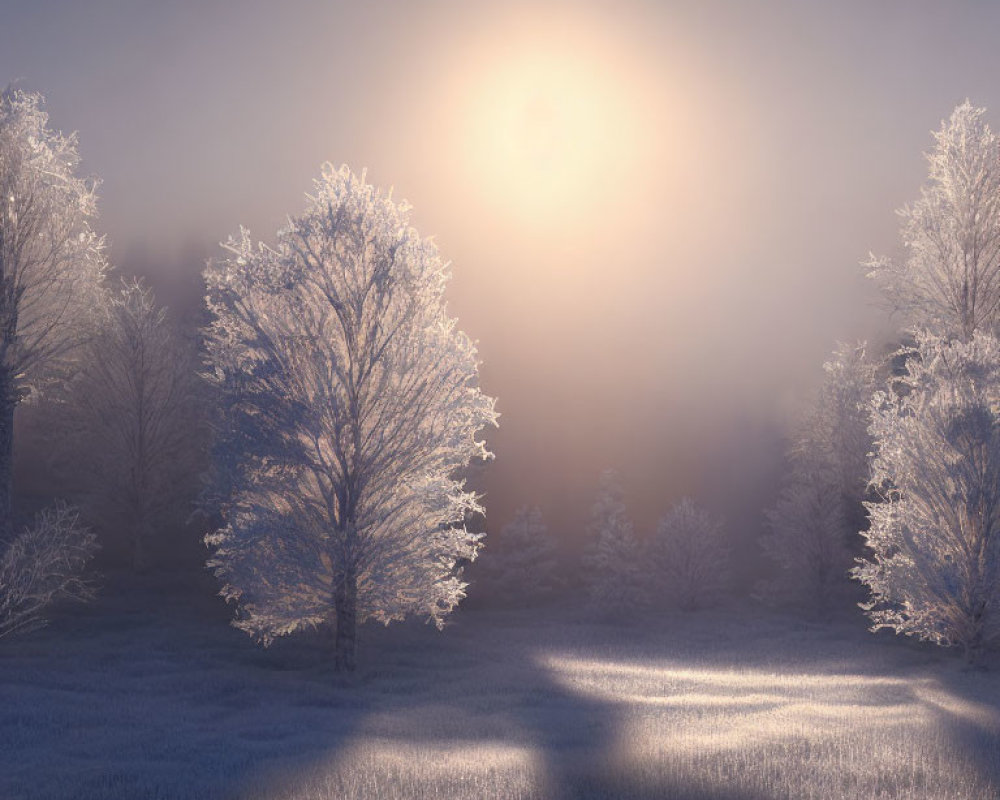 Winter landscape with frost-covered trees and sunlit snow