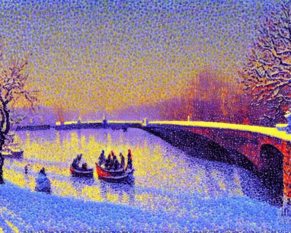 Impressionistic snowy river scene at dusk with bridge and boats