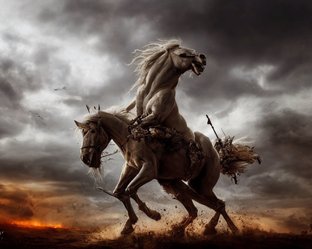 Majestic white horses galloping under stormy sky