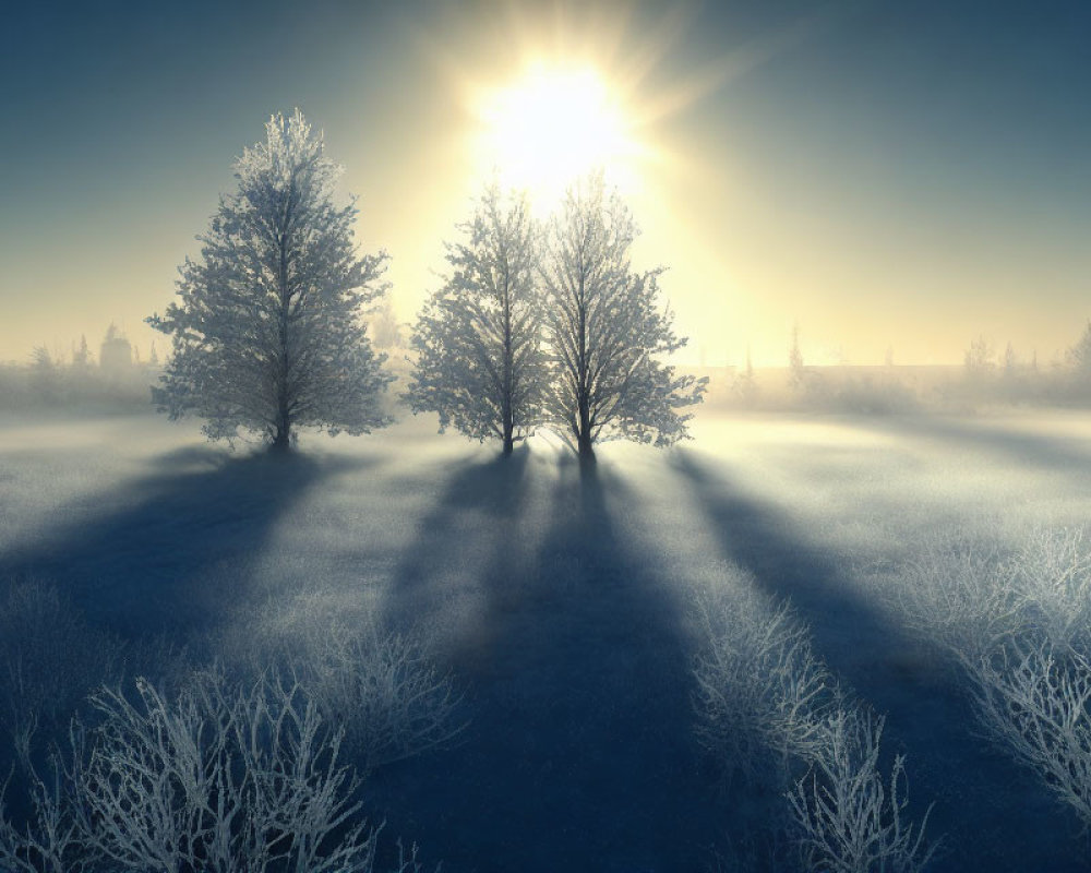 Frost-covered winter trees in bright snowy landscape