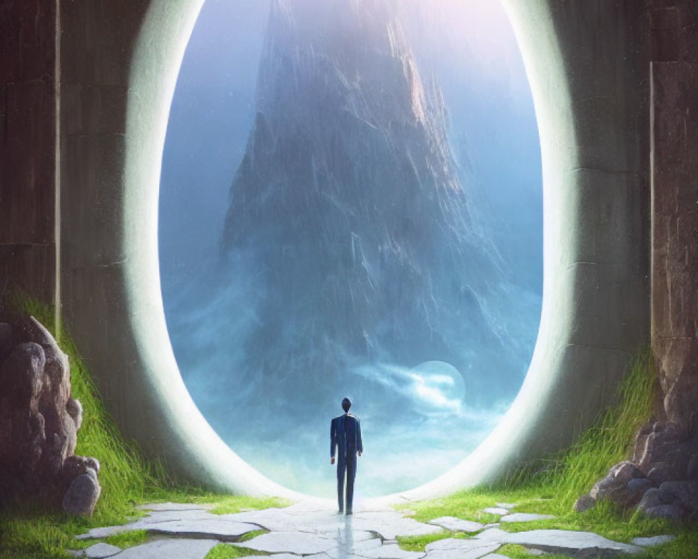 Person gazes through oval portal at path to glowing mountain