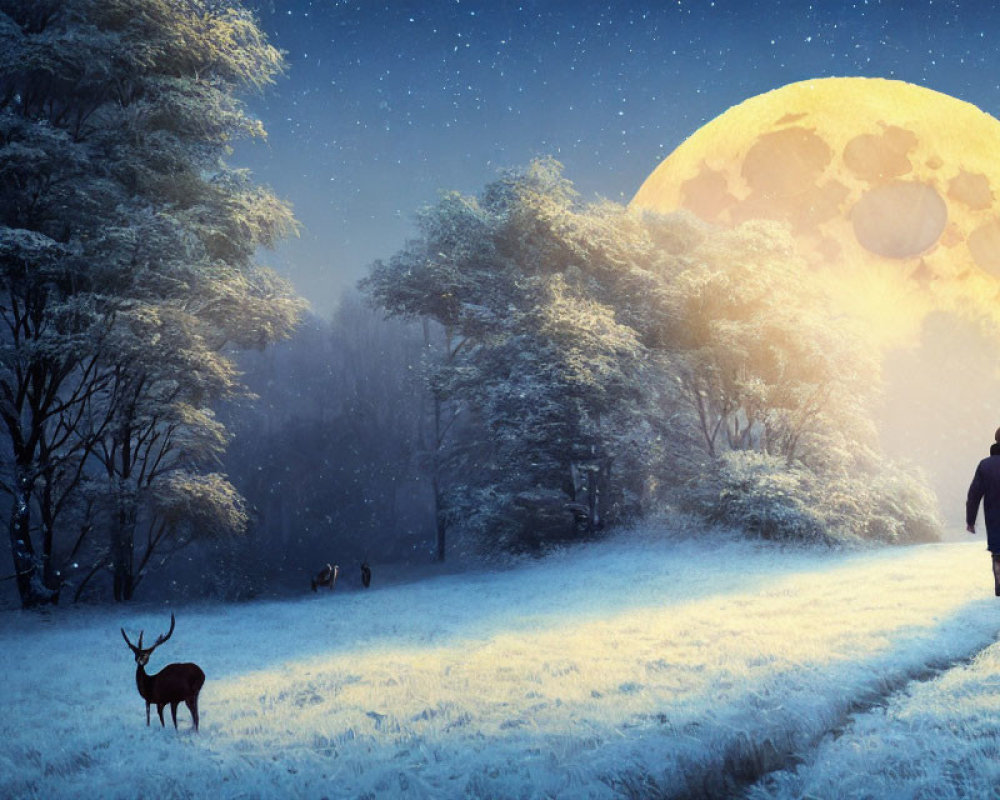 Person and deer in snowy forest with full moon.