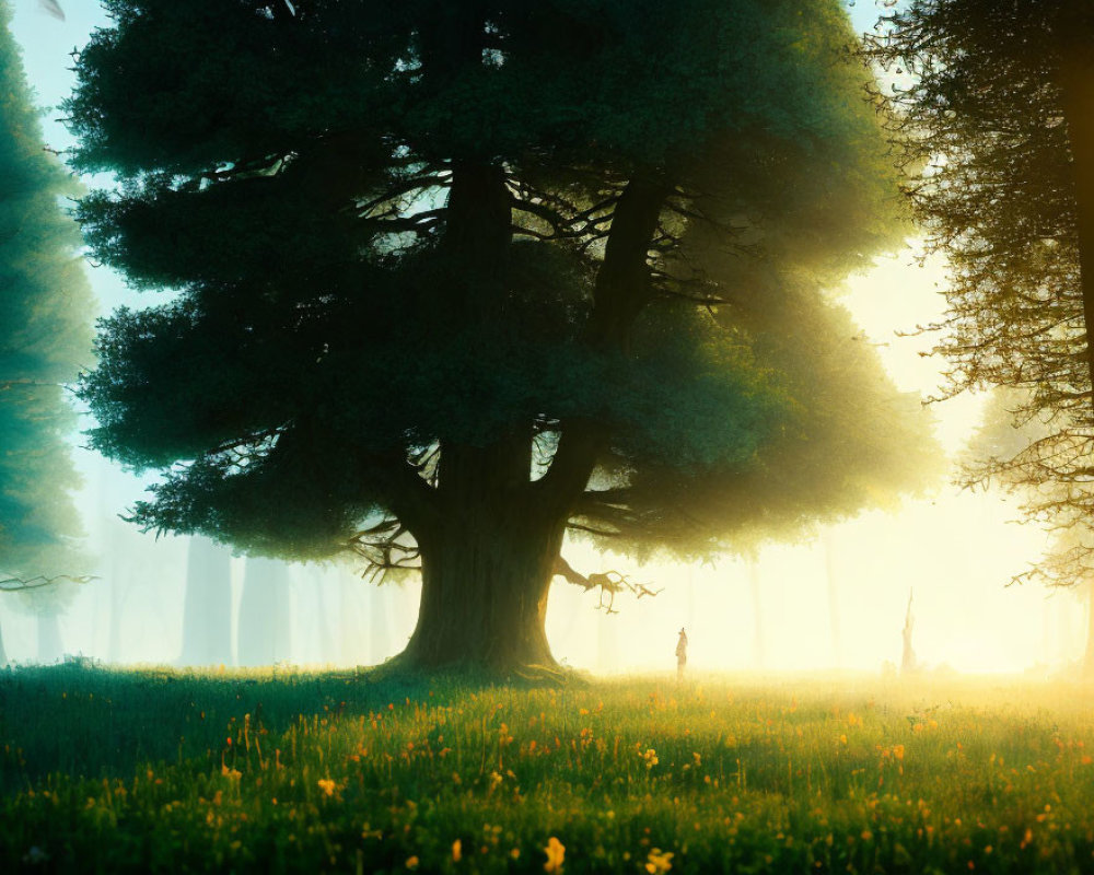 Tranquil sunlit meadow with majestic tree and forest in mist