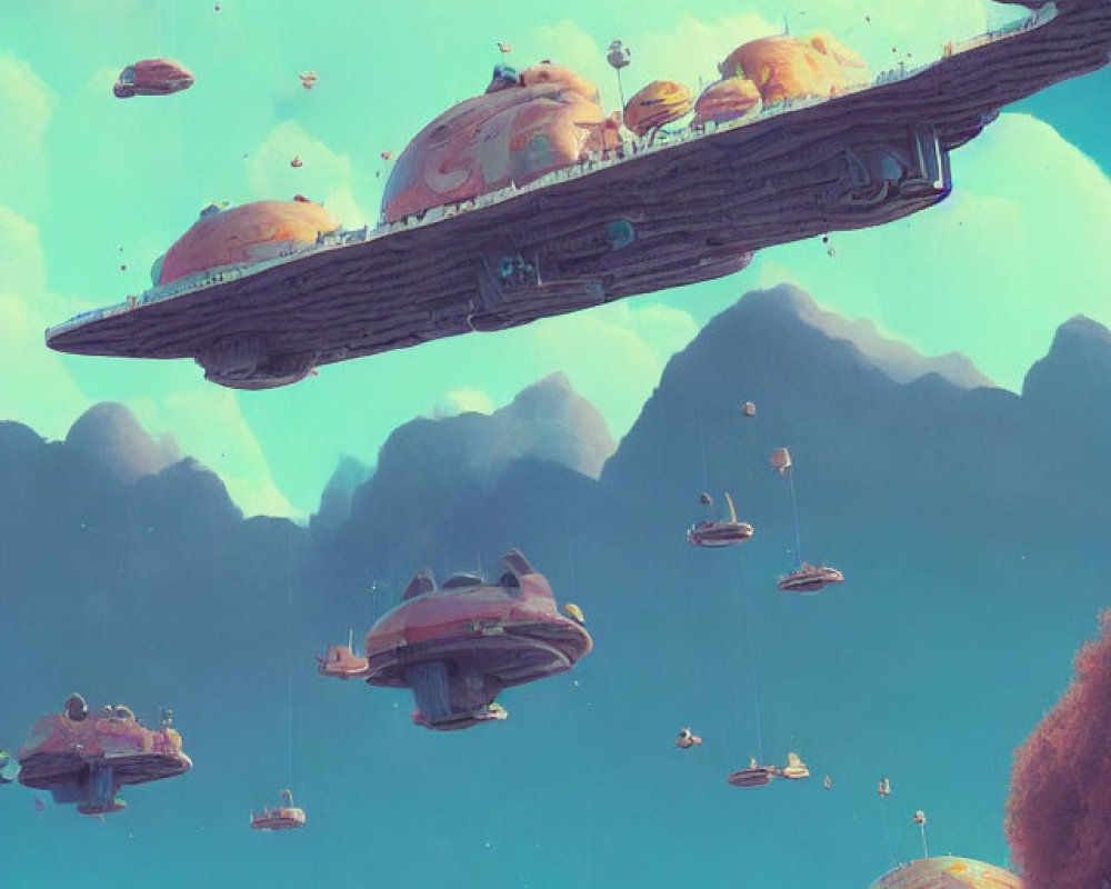 Fantasy landscape with floating islands and futuristic flying vehicles