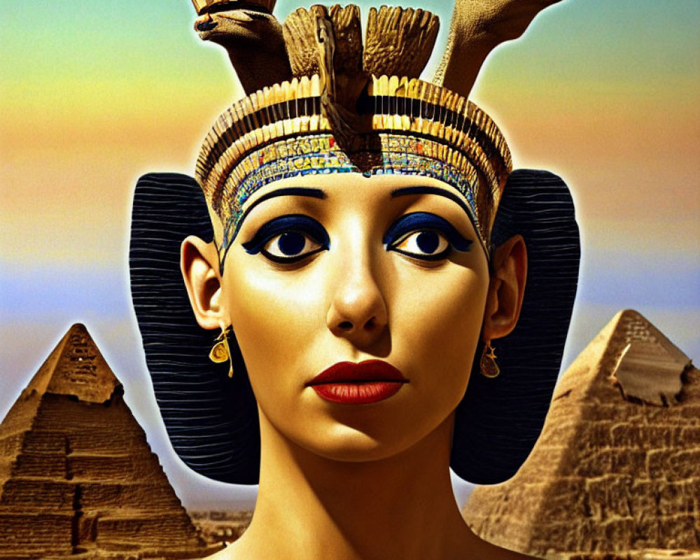 Digital artwork: Person styled as Egyptian pharaoh with headdress, makeup, pyramids.