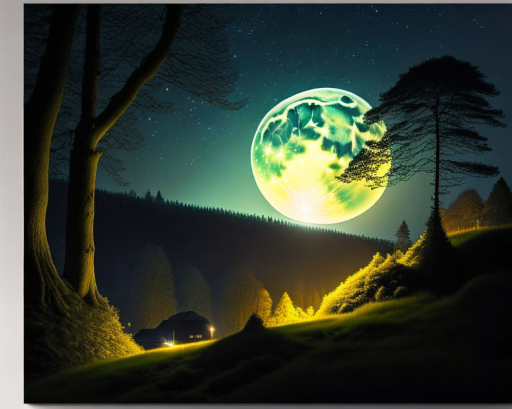 Surreal night landscape with oversized glowing moon and small house