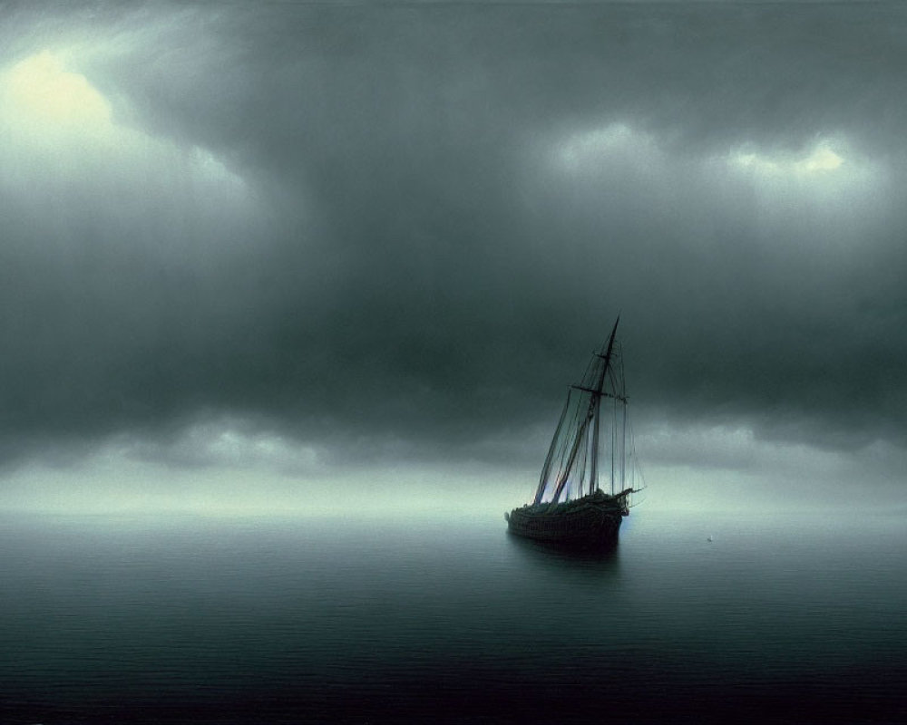 Solitary sailboat under gloomy sky on calm sea