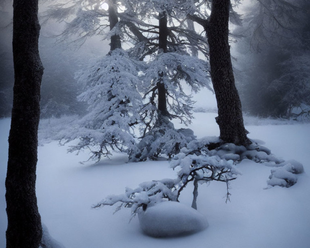 Snowy landscape with frosted trees in soft mist