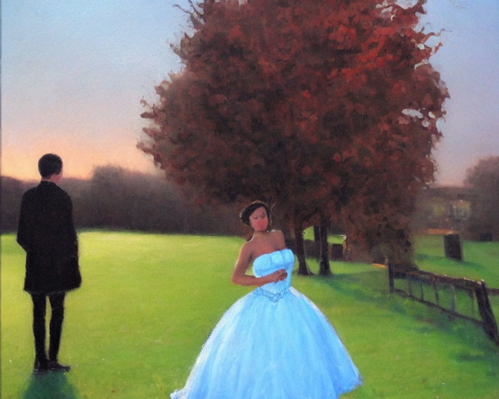 Portrait of Woman in Blue Gown and Man in Black in Sunset Field