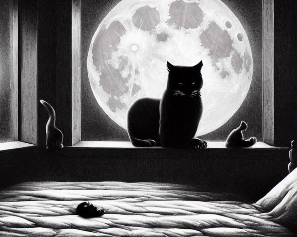 Monochrome cat silhouette on windowsill with moon in background