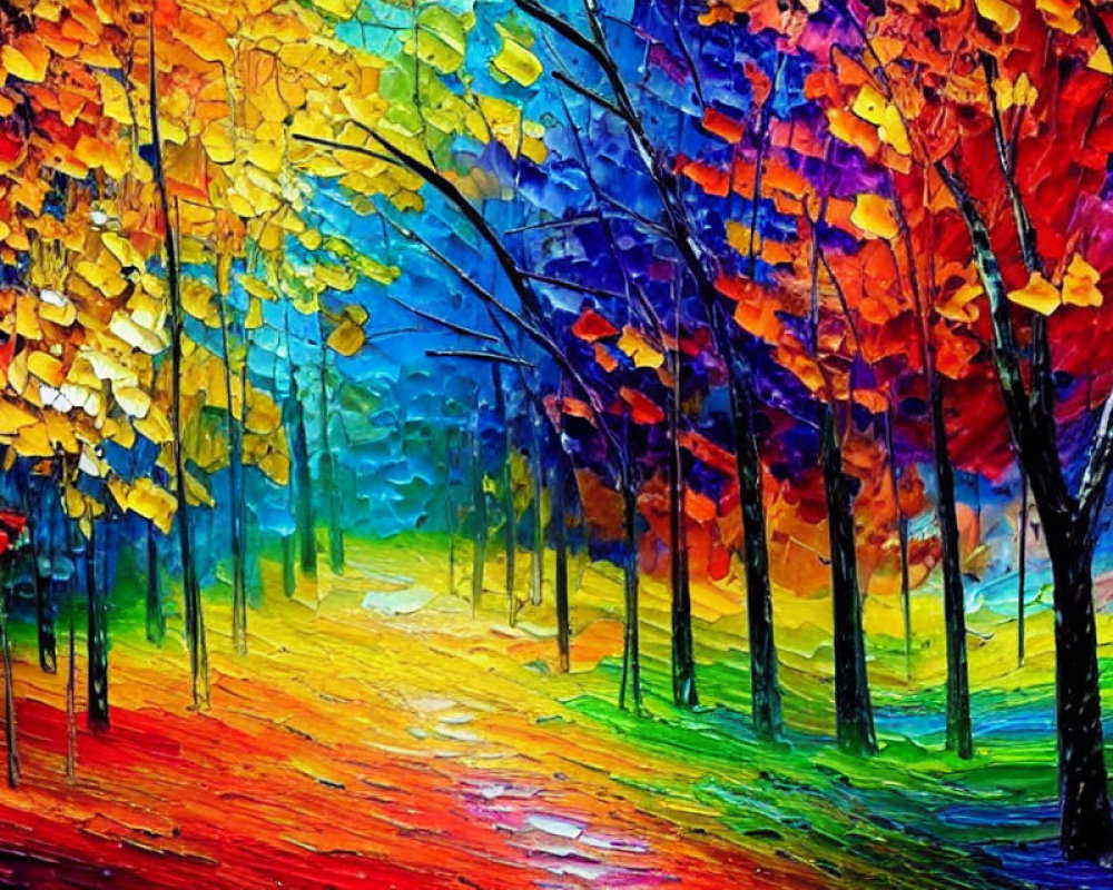 Colorful Impressionistic Painting of Tree-Lined Forest Pathway