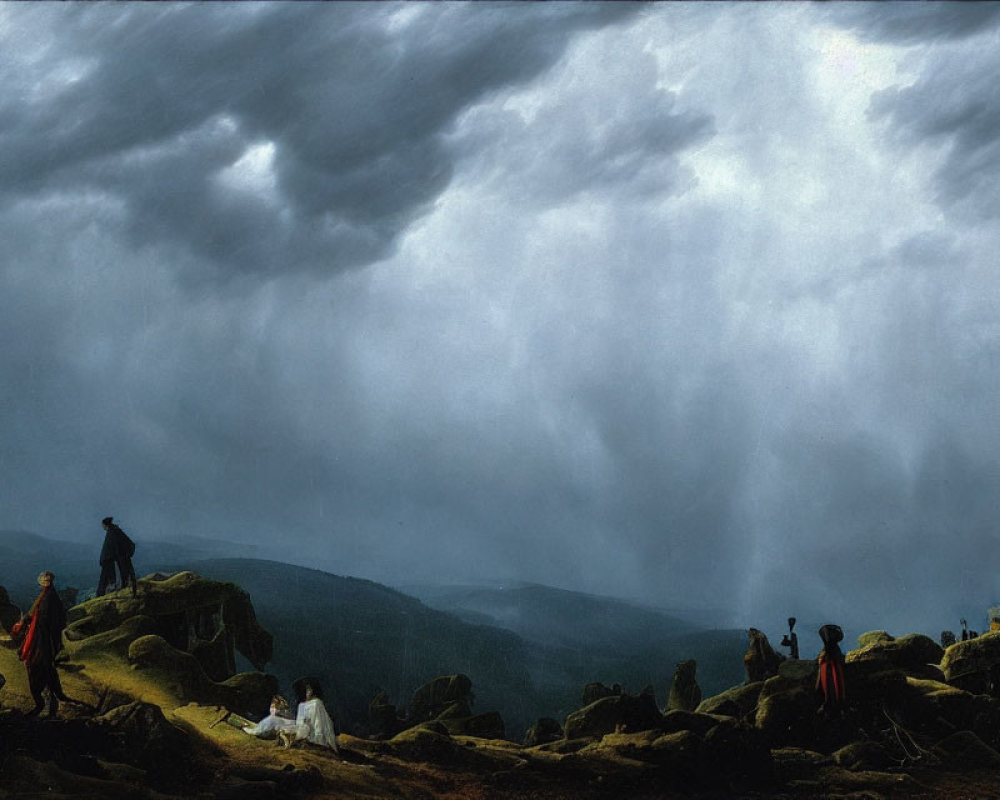 Expressive painting of figures on rocky outcrop under stormy sky