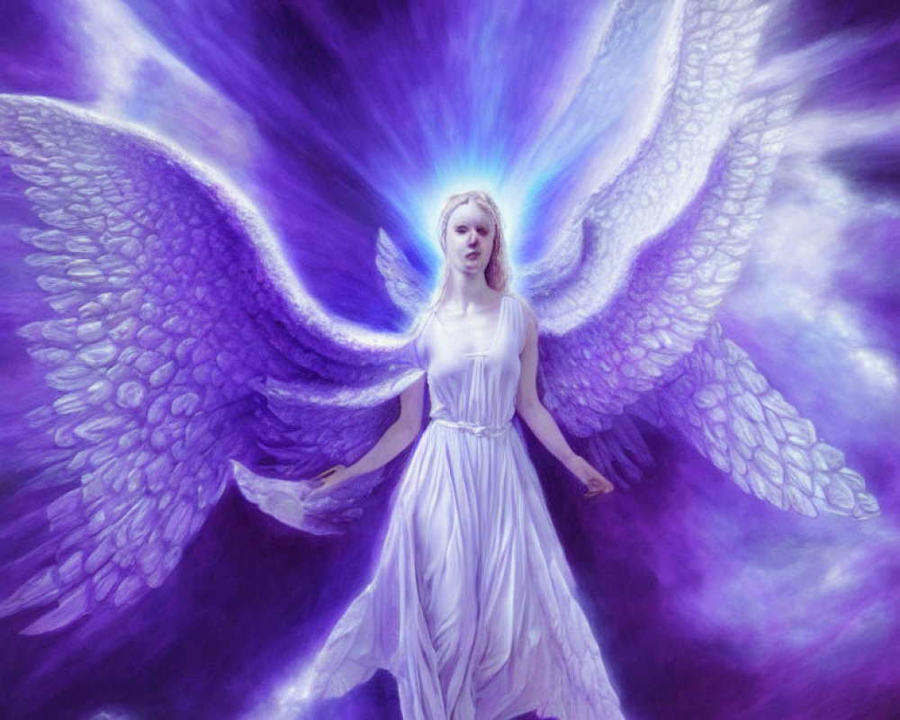 Radiant figure with angelic wings in purple haze and white gown