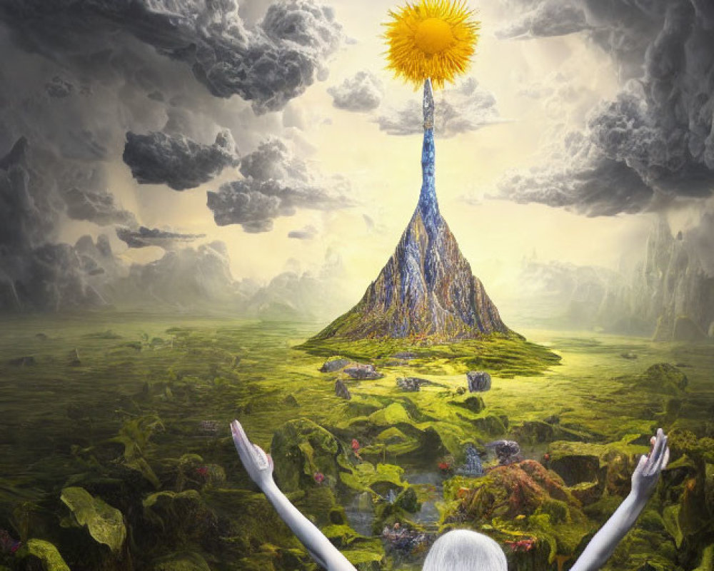 Person with raised arms in surreal landscape with glowing dandelion on mountain under cloudy sky