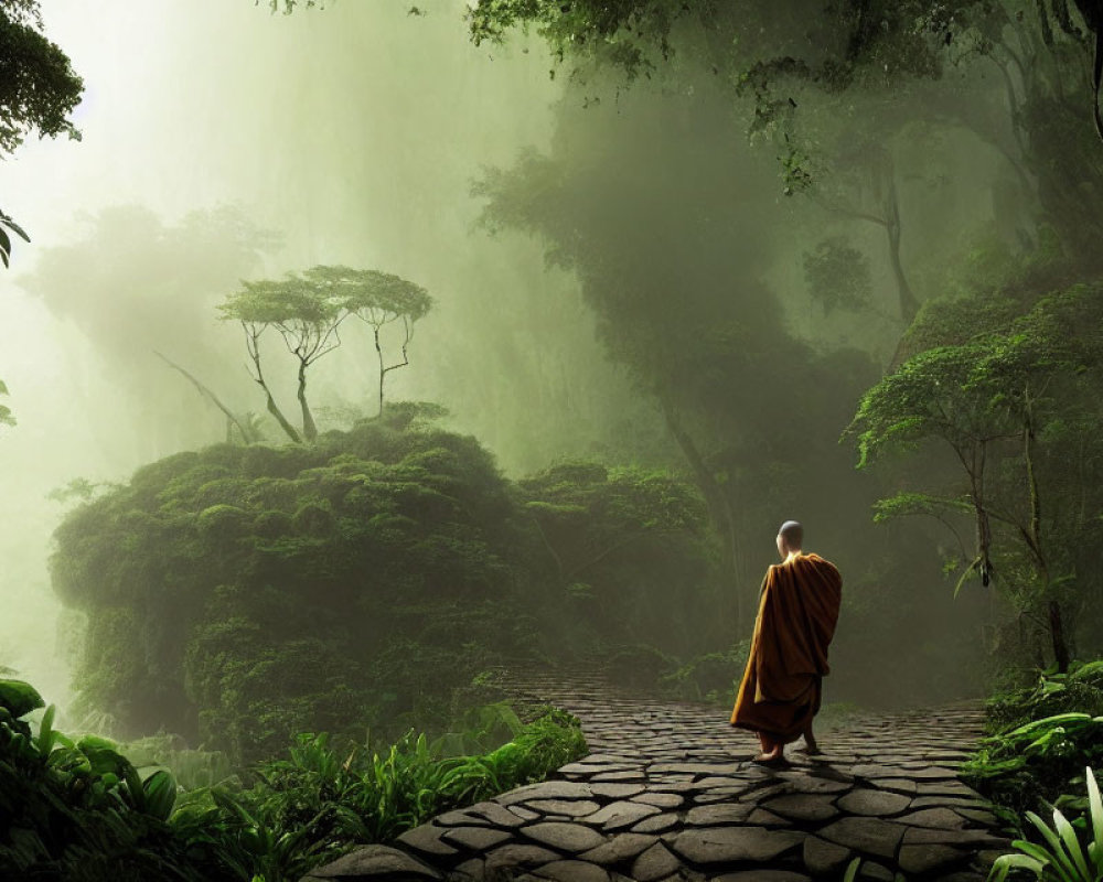 Monk in orange robes walking on cobblestone path in lush green forest