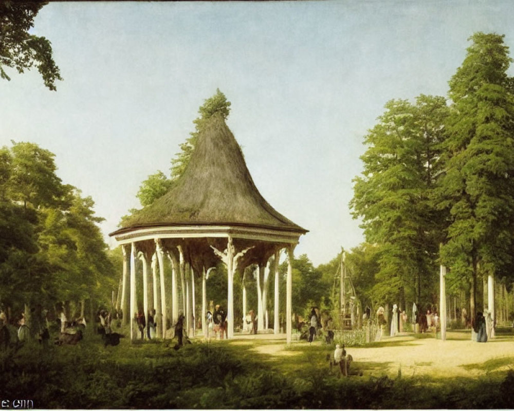 Tranquil park scene with lush green trees and a central gazebo on a sunny day