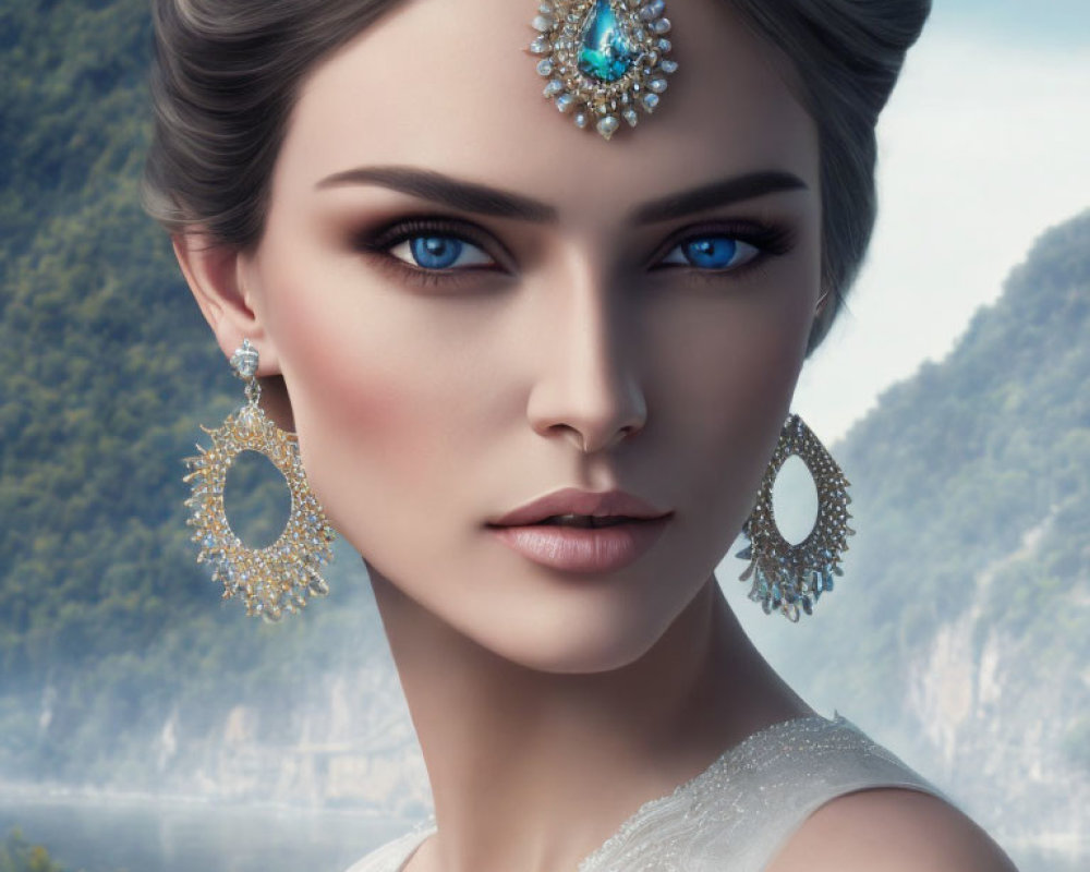 Woman with piercing blue eyes and elegant jewelry against misty mountain backdrop