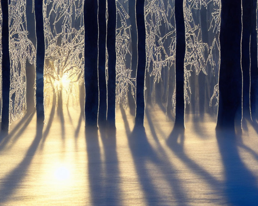 Winter sunrise illuminates frost-covered forest floor.