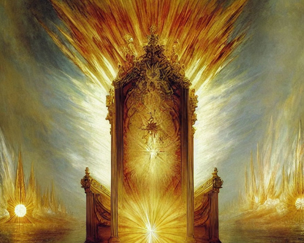 Golden door with radiant light and fire-like beams in fantastical setting