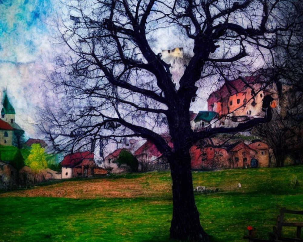 Colorful landscape with leafless tree, houses, and castle under textured sky