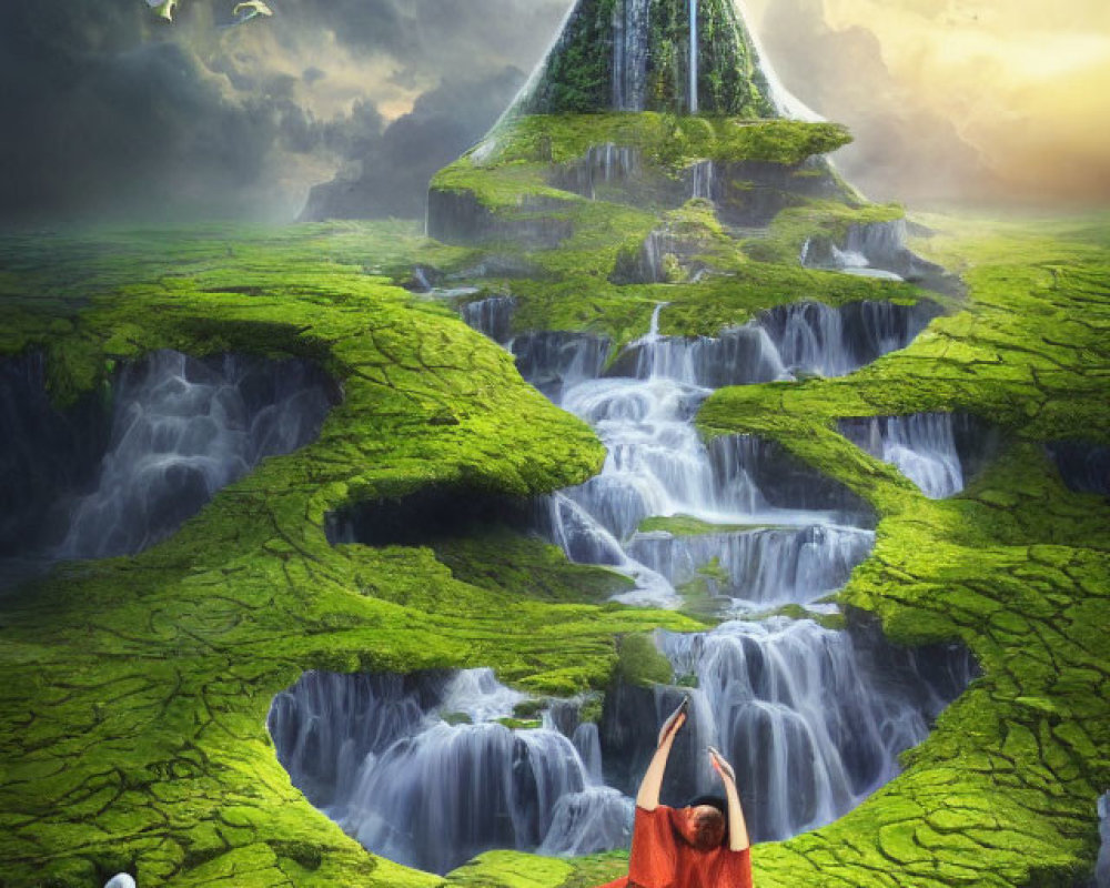 Person in Red Cloak Resting in Lush Landscape with Waterfalls