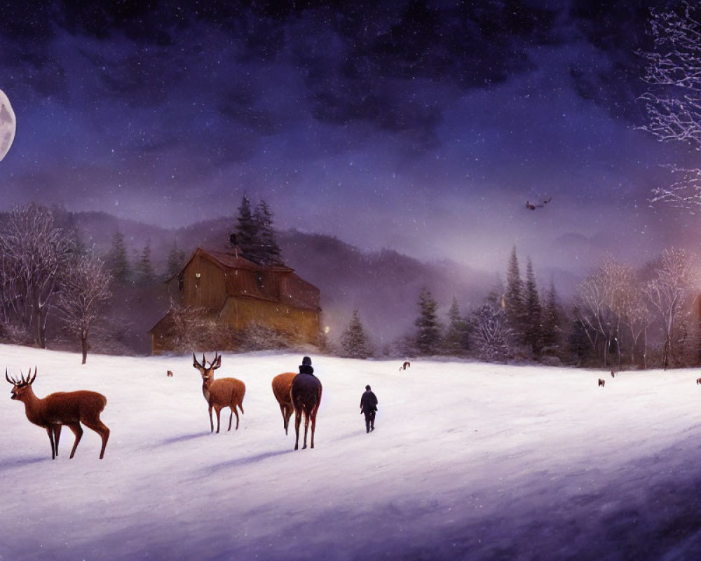 Winter Night Landscape: Deer, Full Moon, Snow, Buildings & Trees