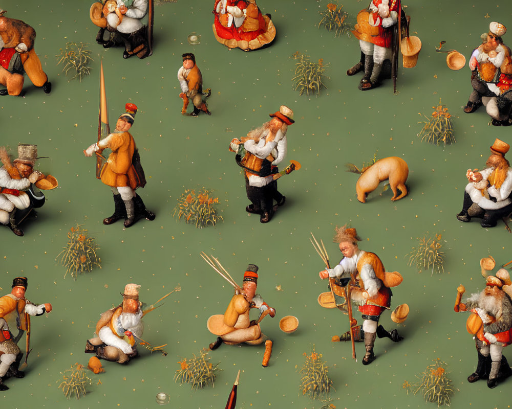 Collection of Santa Claus miniature figures playing musical instruments on green background