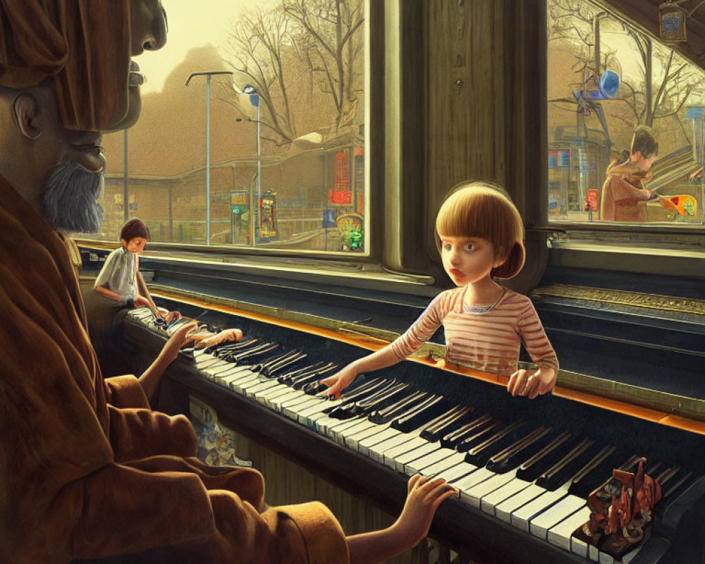 Child and elderly person play piano by window overlooking city street.